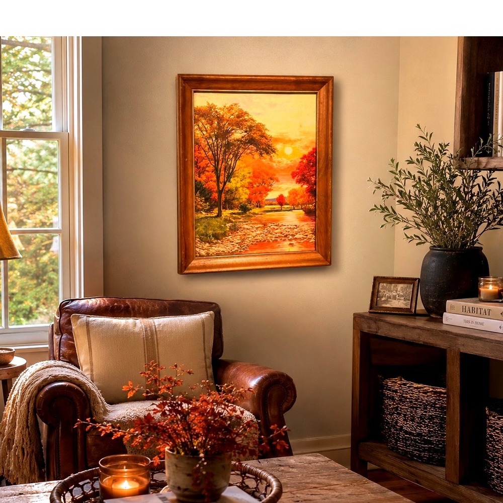 Vintage Textured Faux Oil Painting Landscape Art Print Framed Sunset Sky Wall